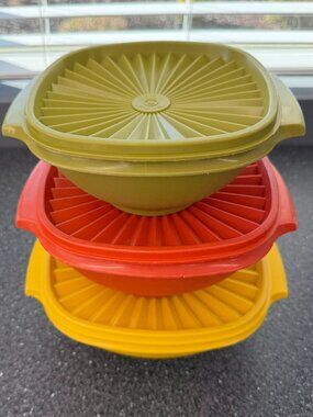 Vintage Tupperware Servalier Bowls with Sunburst Lids Set of 3 Harvest Colors